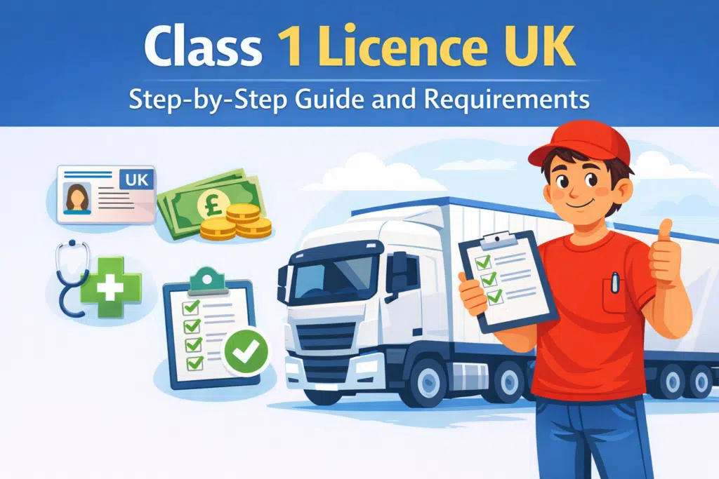 Animated feature image for Class 1 Licence UK guide, showing a cartoon HGV driver with a checklist beside a Class 1 articulated lorry and icons for licence, medical, costs, and requirements.