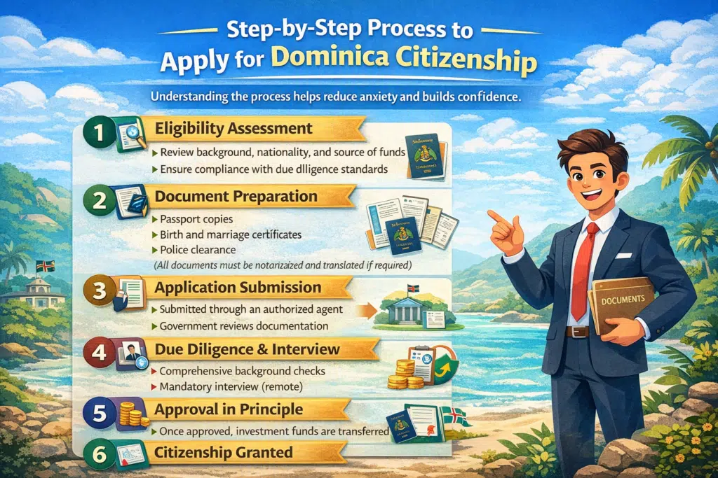Step-by-step infographic showing the Dominica Citizenship by Investment application process, with an animated consultant explaining eligibility assessment, document preparation, due diligence, approval, and passport issuance.