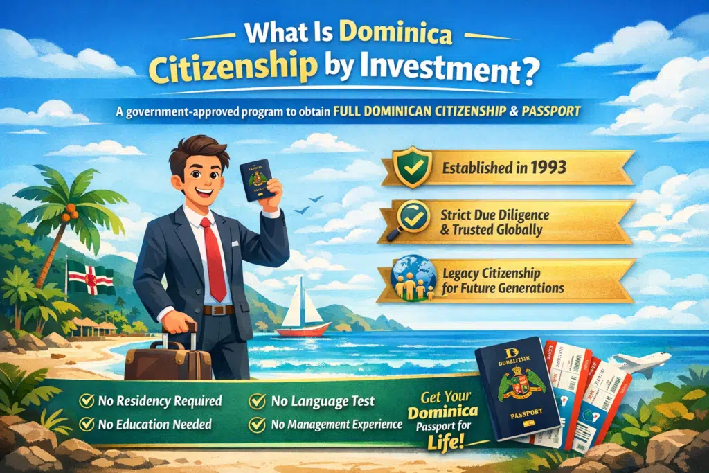 Animated illustration explaining Dominica Citizenship by Investment program, showing a professional holding a Dominican passport with key benefits like lifetime citizenship, no residency requirement, and global recognition.