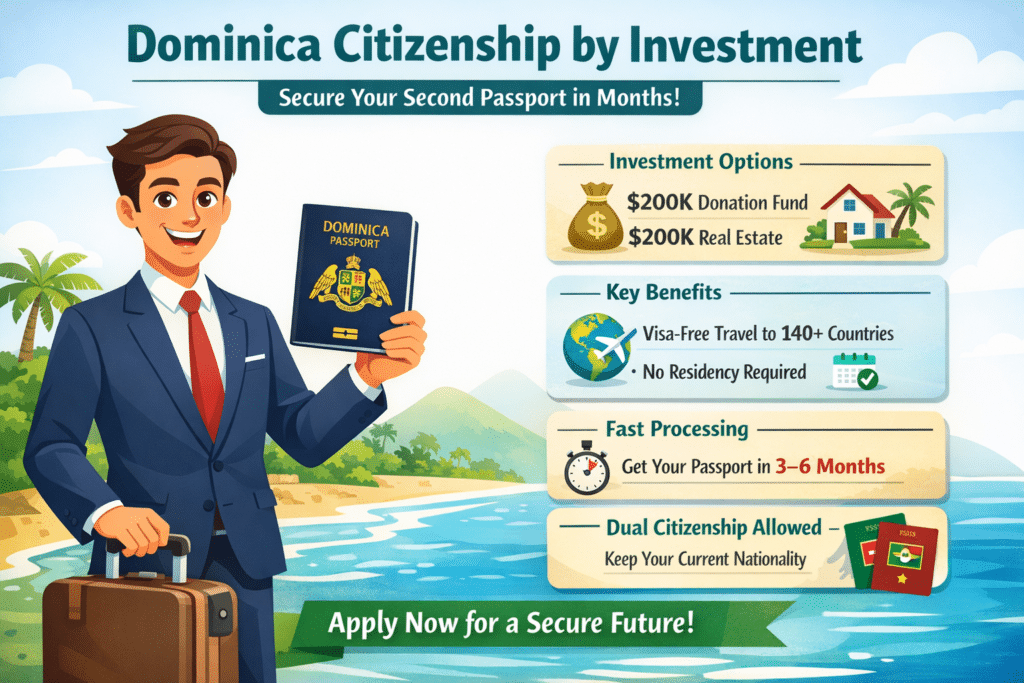 Infographic showing Dominica Citizenship by Investment options, including $200K Donation Fund and $200K Real Estate, with key benefits like visa-free travel to 140+ countries, fast 3–6 month processing, and dual citizenship.