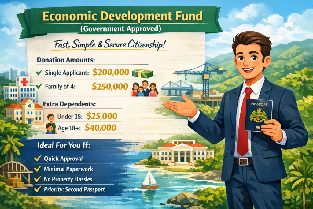 Economic Development Fund Dominica Citizenship by Investment infographic showing $200,000 donation for single applicant and $250,000 for family with animated businessman holding passport.