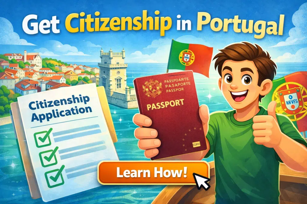 Animated person holding a Portuguese passport and giving thumbs up, with Lisbon landmarks and a citizenship application checklist in the background – illustration promoting Portuguese citizenship.