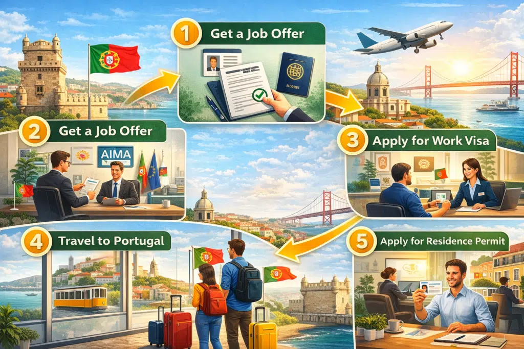 Infographic showing the full Portugal work permit process from job offer to residence permit.