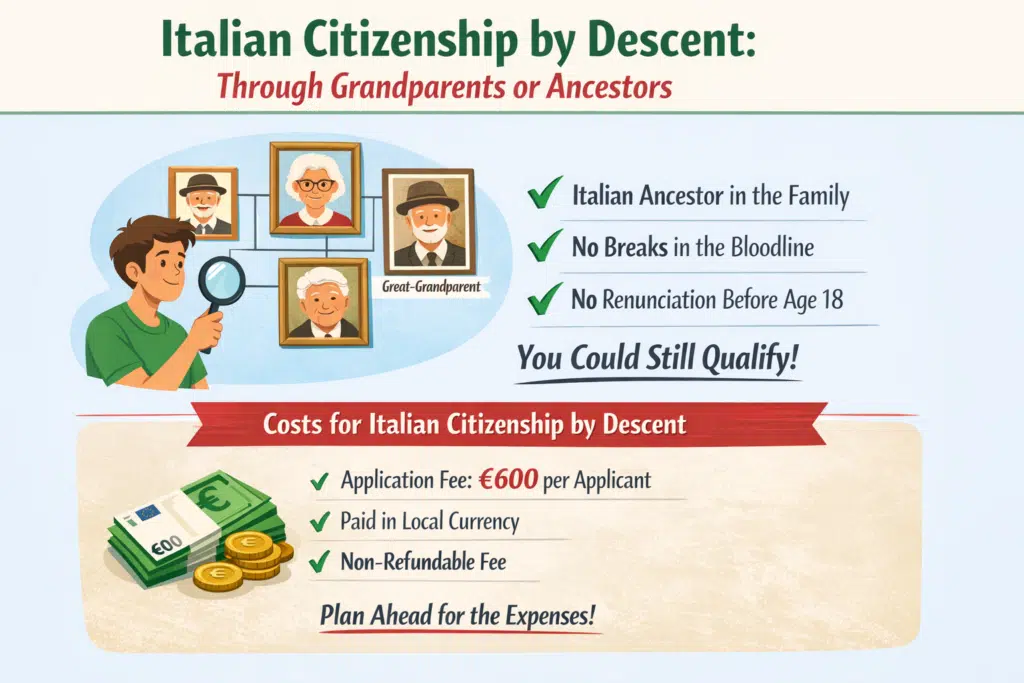 Animated person examining family tree to claim Italian citizenship by descent through grandparents or ancestors, with key eligibility points and €600 consular fee highlighted.