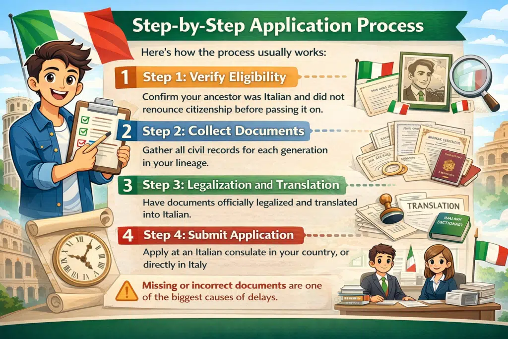 Animated infographic showing the step-by-step application process for Italian citizenship by descent, from eligibility check to application review