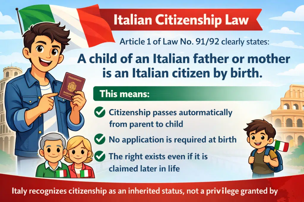 Animated illustration explaining Italian Citizenship Law Article 1, showing citizenship passed from Italian parents to a child by birth.