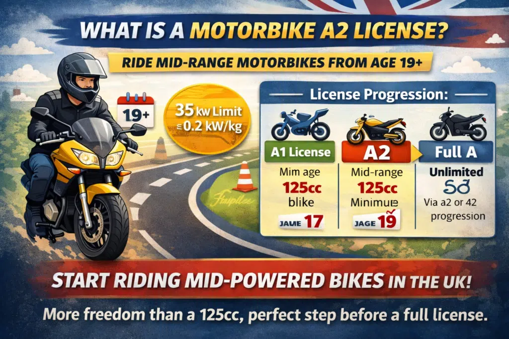 Infographic of UK Motorbike A2 license with age, bike limit, and license progression.