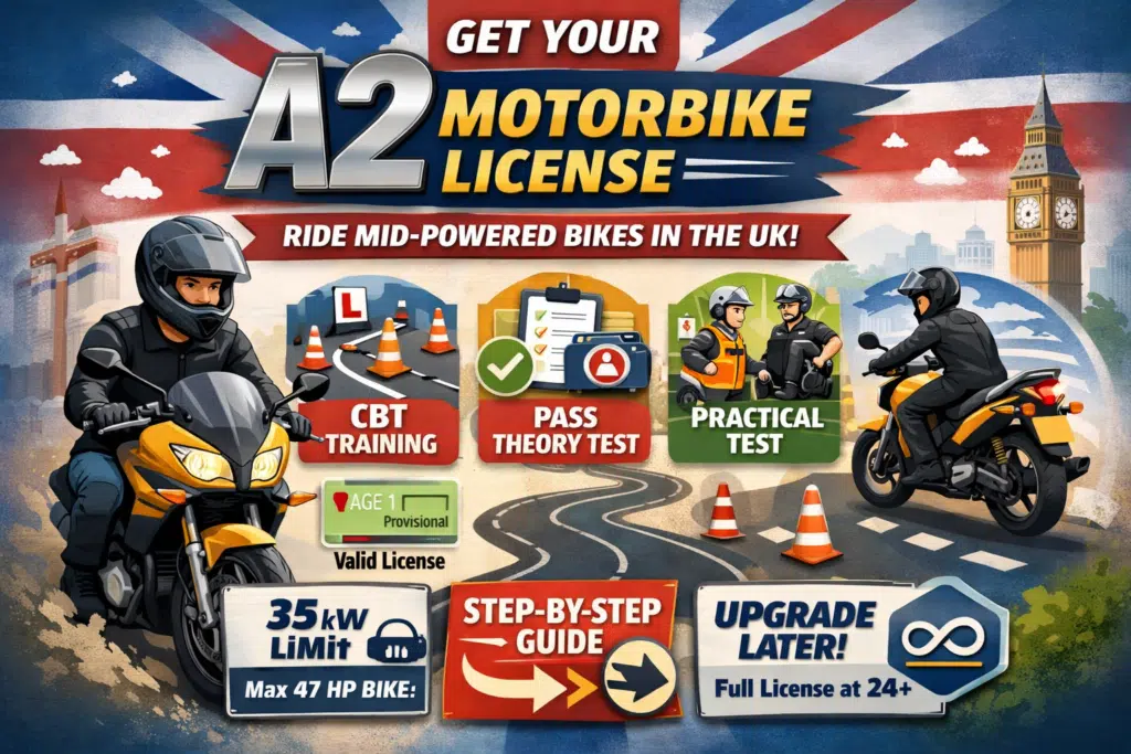 Motorbike A2 license UK infographic showing CBT training, theory test, practical test, power limits, and upgrade to full motorcycle license.