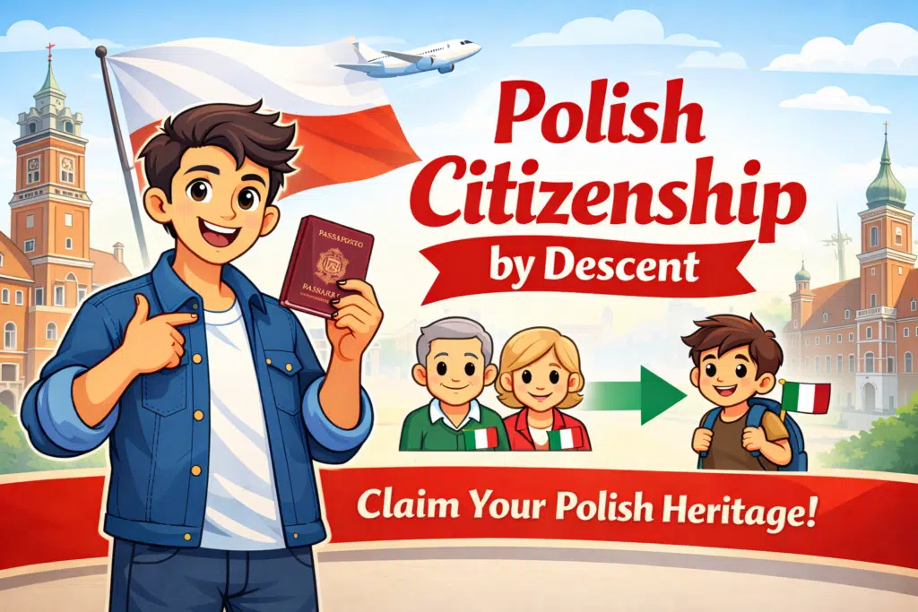 Animated illustration showing Polish citizenship by descent with a person holding a Polish passport, family lineage, and Polish landmarks.