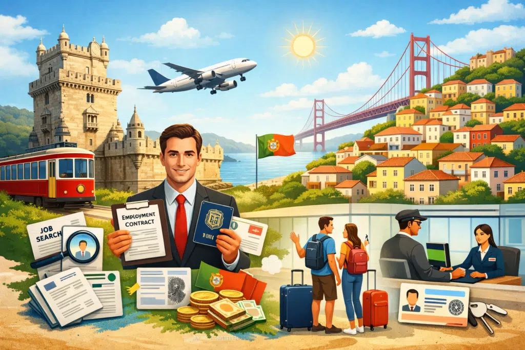 Infographic showing Portugal work permit process with job contract, passport, visa documents, travel, and residence permit in Lisbon backdrop.