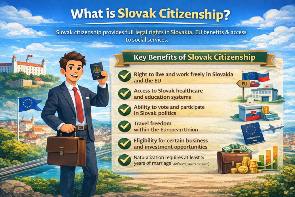 Animated infographic explaining Slovak citizenship, showing a person holding a Slovak passport with key benefits such as EU travel freedom, right to live and work, healthcare, education, and voting rights.
