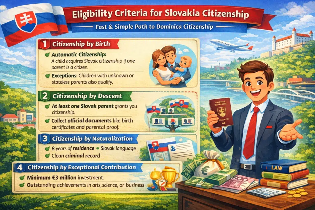 Eligibility criteria for Slovakia citizenship infographic showing citizenship by birth, descent, naturalization, and exceptional contribution with animated person holding Slovak passport.