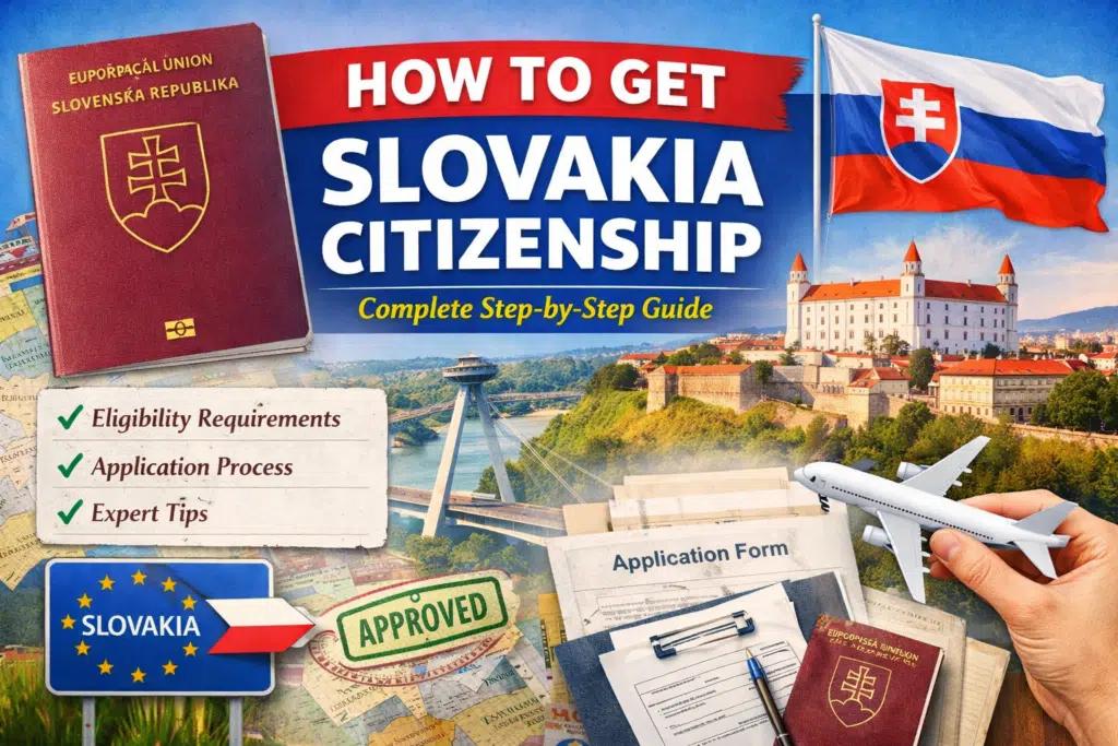 How to Get Slovakia Citizenship feature image with Slovak passport, Bratislava castle, Slovak flag, application form, and airplane showing step-by-step citizenship process