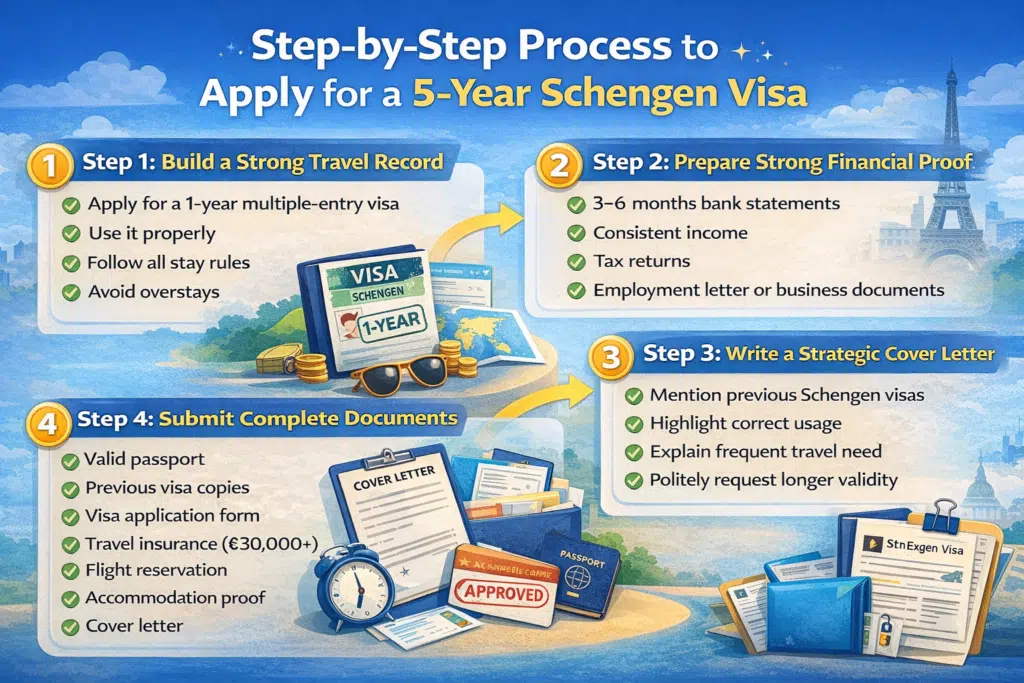 4-step infographic to apply for a 5-year Schengen visa.