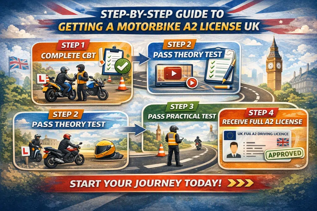 Infographic showing 4 steps to get a UK Motorbike A2 license.