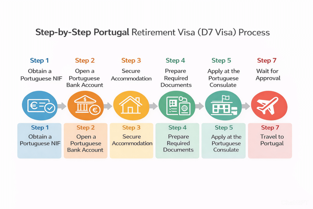 Step-by-step Portugal D7 Retirement Visa process infographic showing NIF, bank account, accommodation, documents, consulate application, approval, and travel
