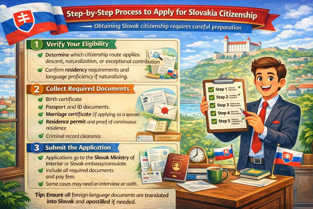 Step-by-step process to apply for Slovakia citizenship illustrated with an animated guide, showing eligibility check, document collection, application submission, processing time, and final approval.