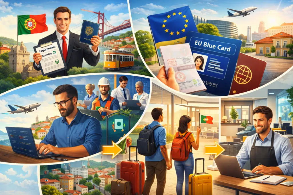 Infographic showing all Portugal work permit types including job offer, EU Blue Card, job seeker visa, and self-employment routes.
