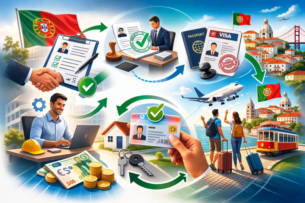 Infographic showing the Portugal work permit process with job contract, visa, passport, travel, residence permit, and Lisbon landmarks.
