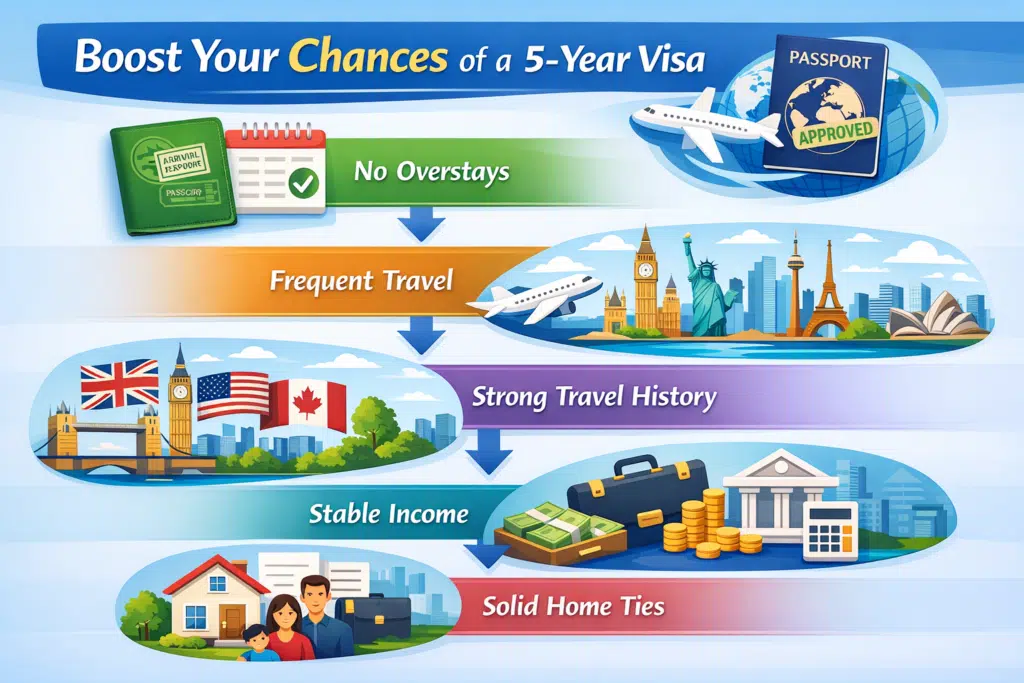 Infographic with tips to improve 5-year visa approval chances.