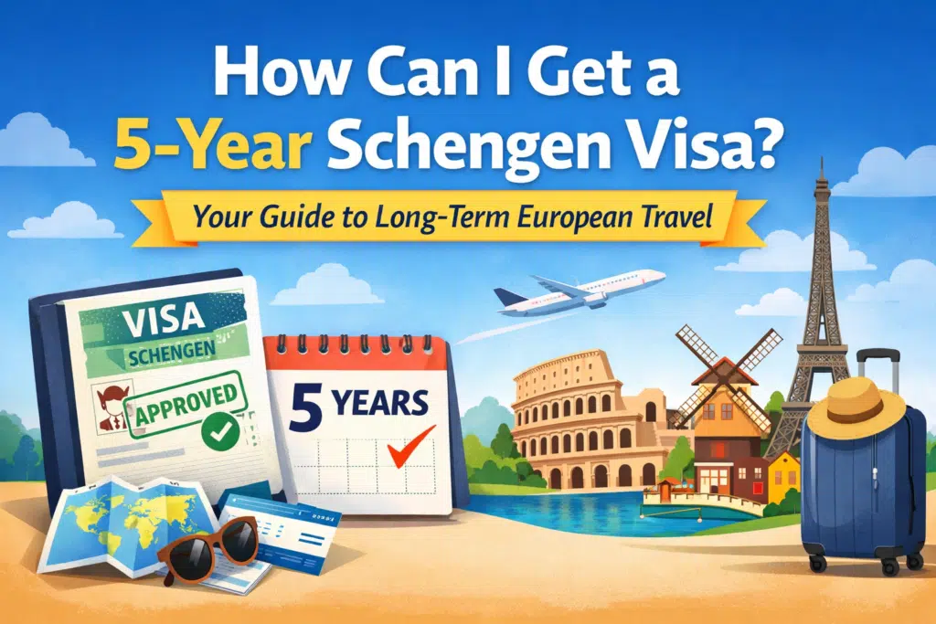5-year Schengen visa approval image with passport, calendar, and European landmarks.
