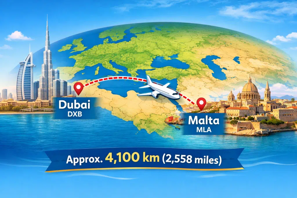Flight route map from Dubai to Malta showing a distance of approximately 4,100 km with Dubai.