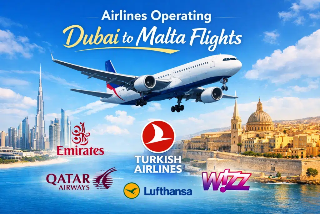 Airplane flying between Dubai and Malta with logos of major airlines like Emirates, Qatar Airways, Turkish Airlines, Lufthansa, and Wizz Air.