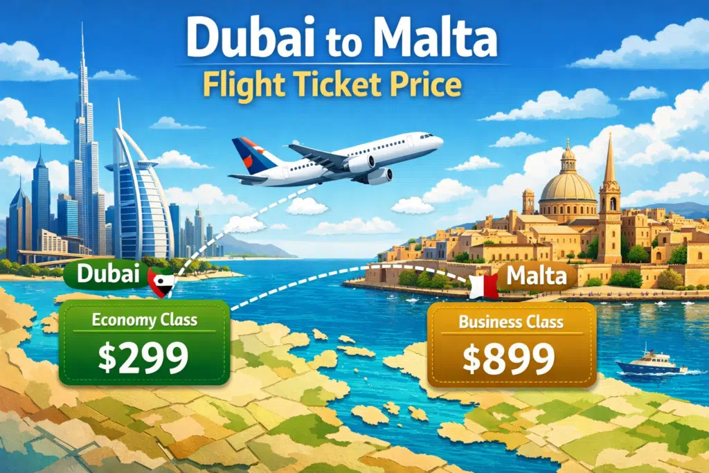 Airplane flying from Dubai to Malta with economy and business class ticket prices displayed, featuring Dubai skyline and Valletta landmarks.