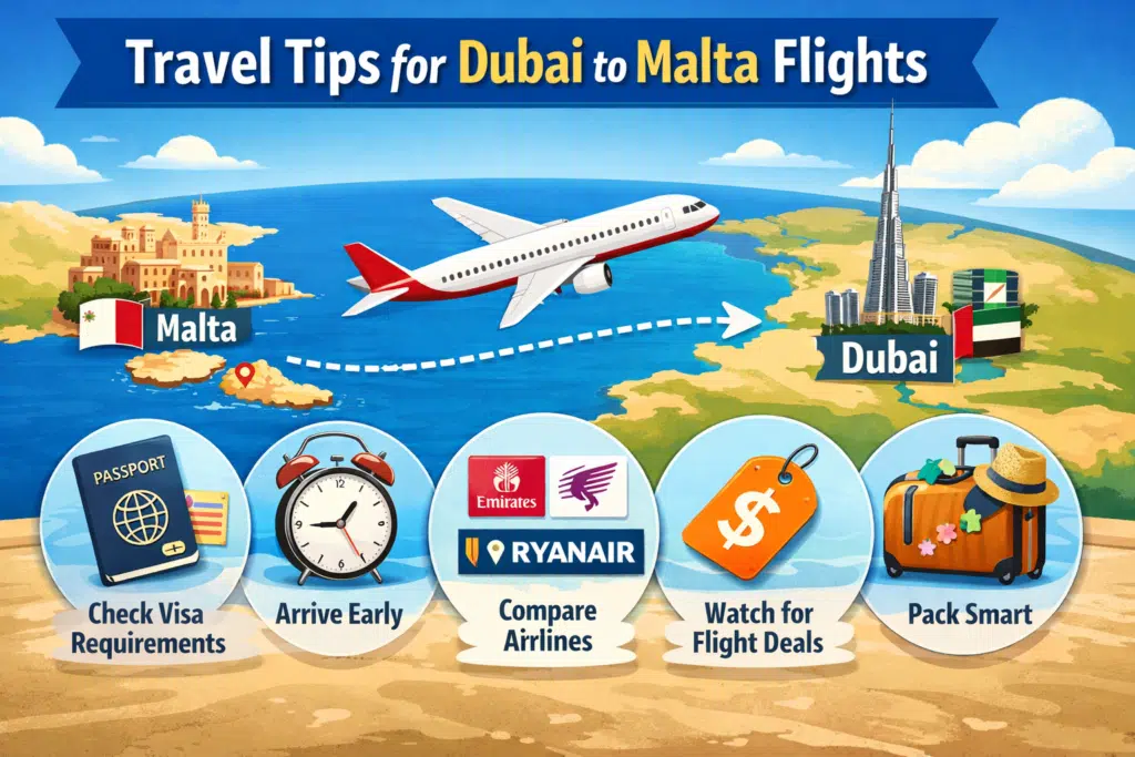 Travel tips for Dubai to Malta flights with icons for visa, early arrival, airline comparison, flight deals, and packing smart.