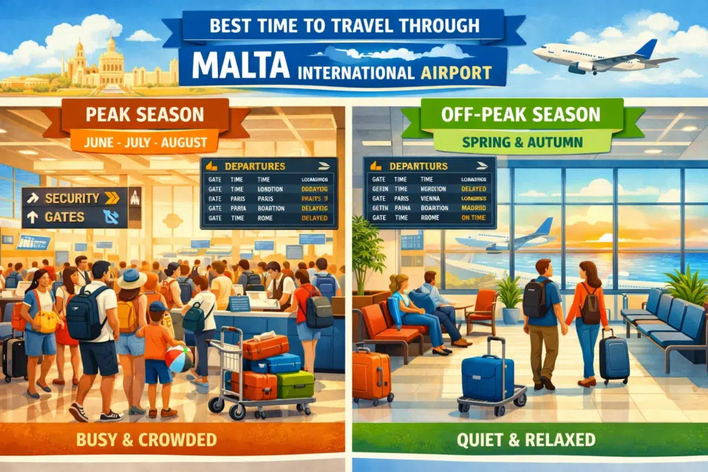 Malta International Airport showing peak and off-peak travel seasons with crowded and calm terminals.
