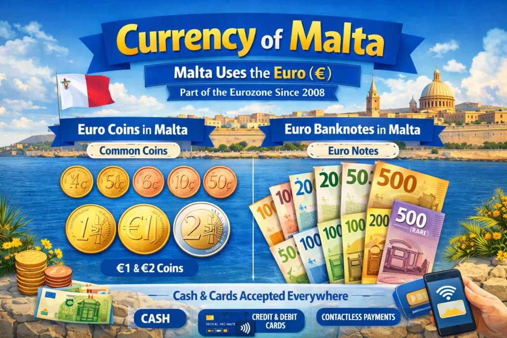 Malta currency infographic showing Euro coins, banknotes, and payment methods used in Malta.