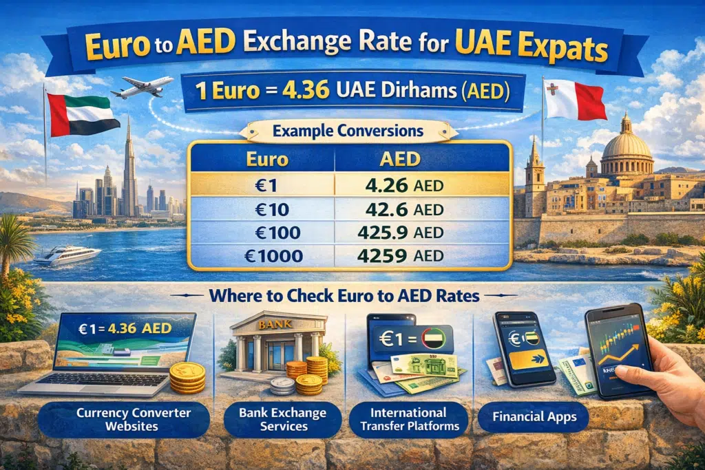 Infographic showing Euro to AED, INR, and PKR exchange rates with example currency conversions for expats.
