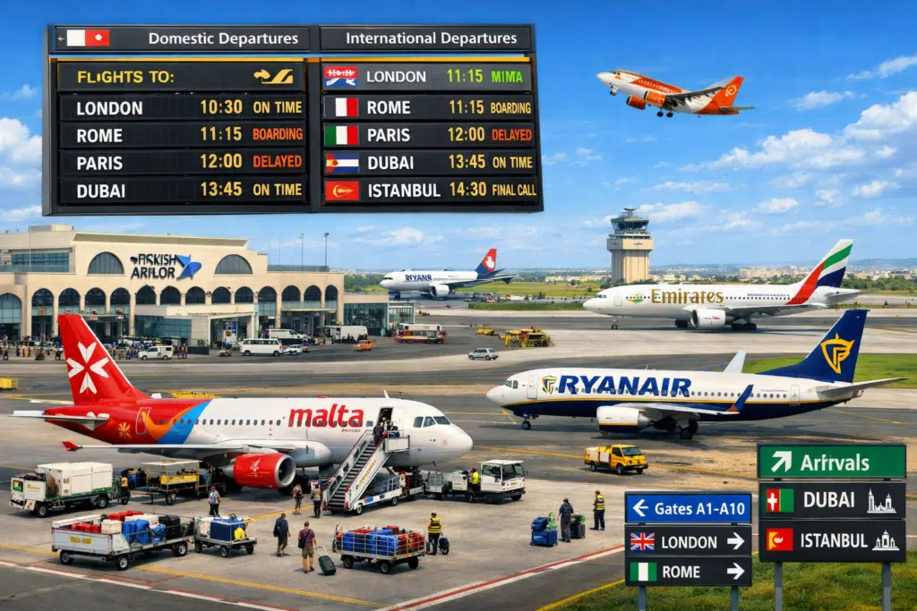 Domestic and international flights at Malta International Airport with airplanes, popular routes, and major airlines operating.