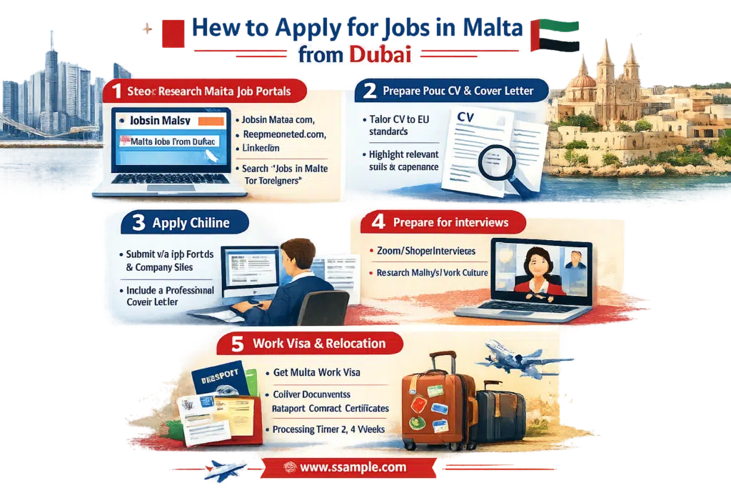 Infographic showing steps to apply for jobs in Malta from Dubai.