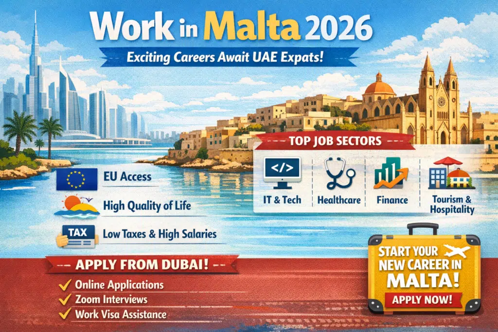 Malta jobs 2026 infographic for UAE expats showing top sectors, benefits, and how to apply from Dubai.