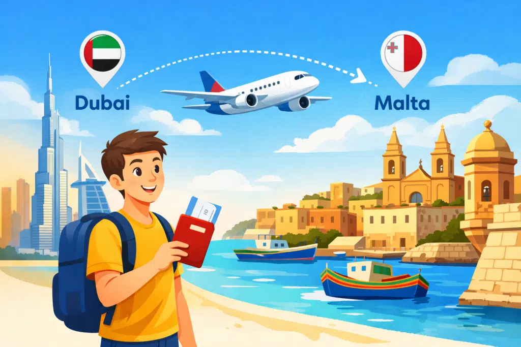 Dubai to Malta flights travel route with airplane path tourist holding passport and landmarks illustration