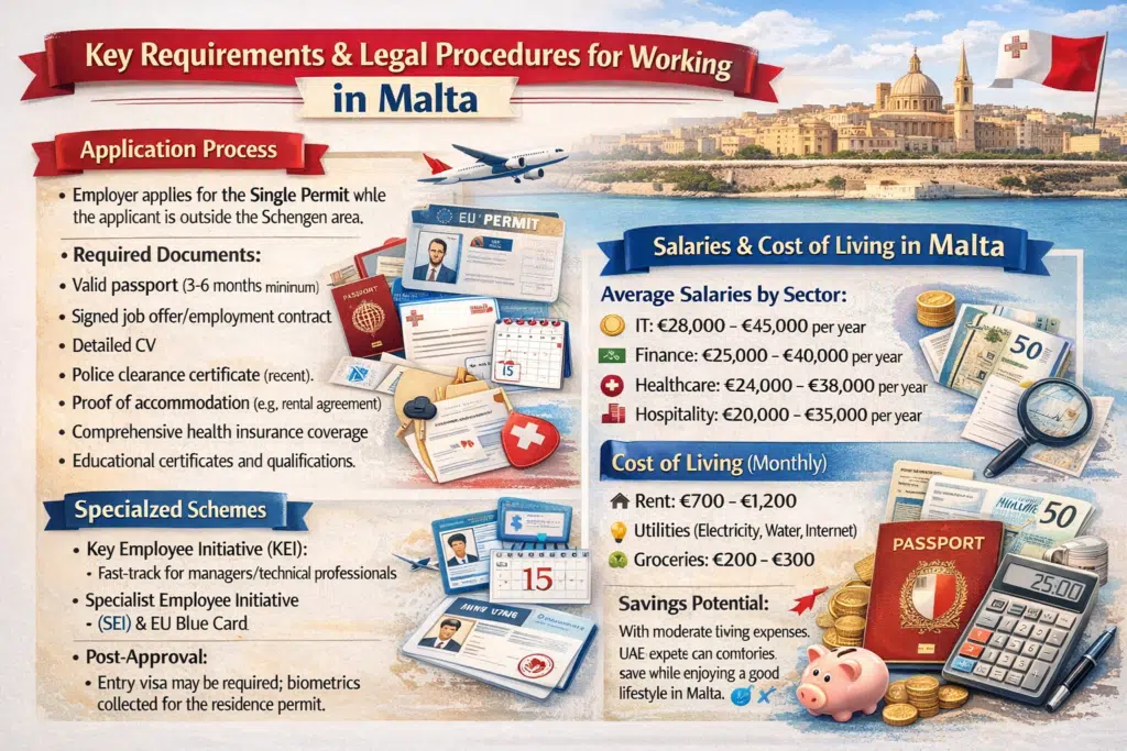 Infographic showing Malta work permit requirements, legal procedures, and average salaries by sector.