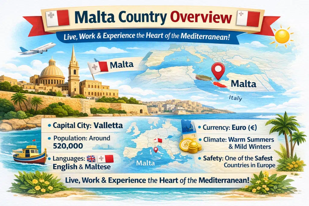 Infographic showing Malta country overview for UAE expats with Valletta, Mediterranean map, population, language, currency, climate, and safety.