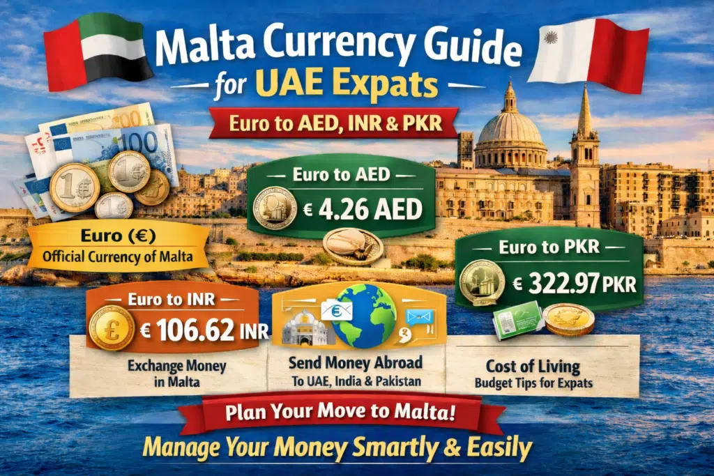 Malta Currency Guide for UAE Expats showing Euro to AED, INR, and PKR exchange rates with money transfer and cost of living tips.