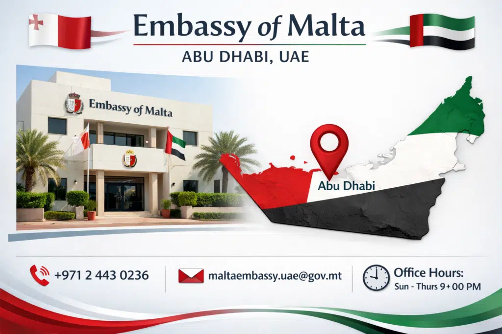 Malta Embassy UAE location, address, contact information, and working hours in Abu Dhabi.