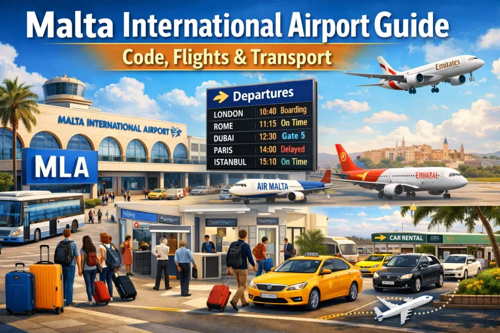 Featured image of Malta International Airport guide showing MLA airport terminal, airplanes, flight departures board, and transport options including buses, taxis, and car rentals.