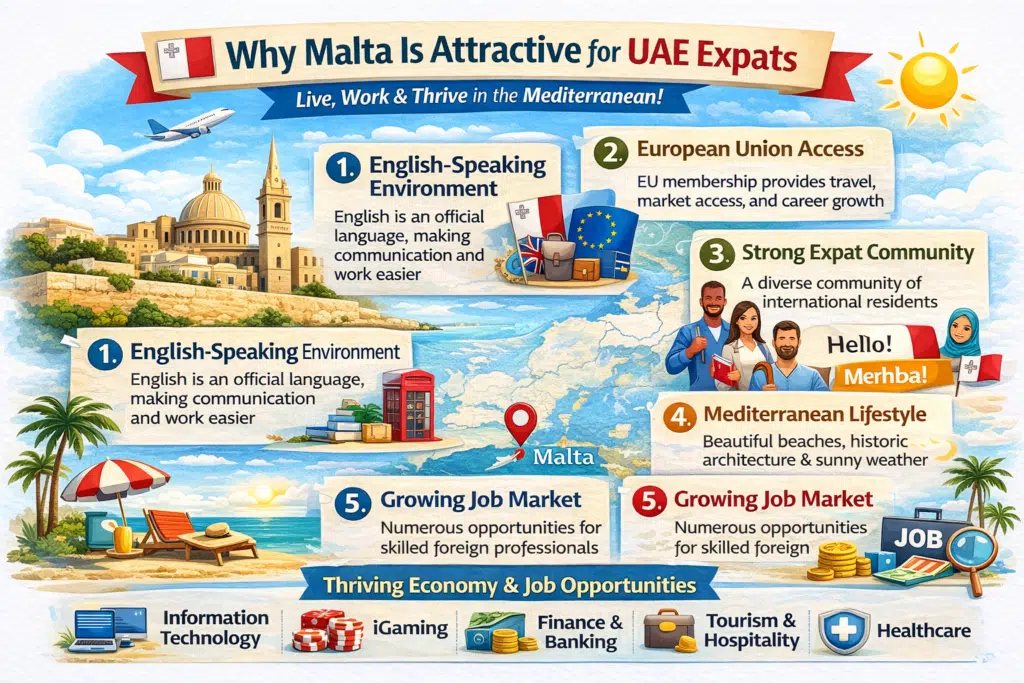 Malta infographic showing lifestyle, jobs, and benefits for UAE expats.
