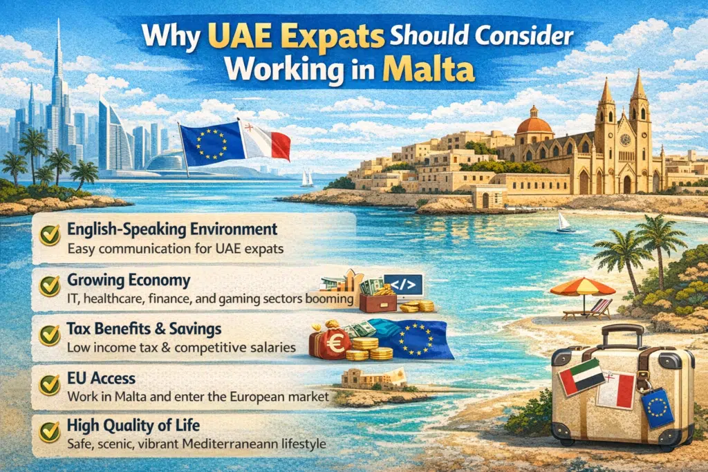 Infographic showing why UAE expats should work in Malta with benefits like English-speaking, growing economy, tax savings, EU access, and high quality of life.