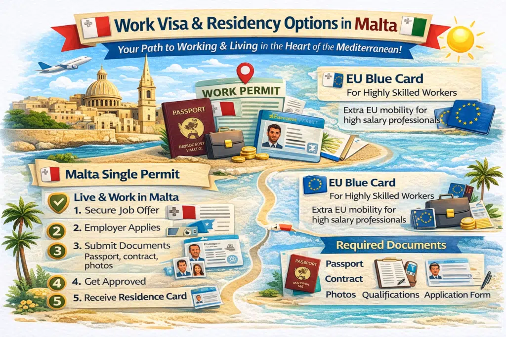 Infographic showing Malta work visa and residency options for UAE expats, including Single Permit, EU Blue Card, application steps, and required documents.