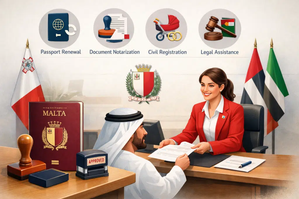 Passport renewal and consular services provided by the Malta Embassy in the UAE.