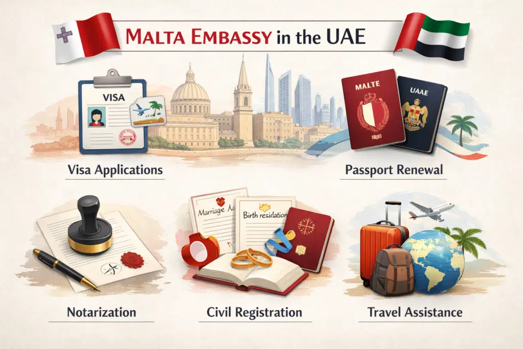 Services offered by the Malta Embassy in UAE, including visa processing, passport renewal, and consular assistance.