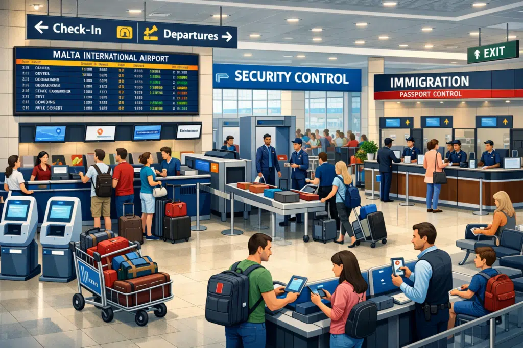 Interior view of Malta International Airport terminal showing check-in counters, security screening, and immigration area.