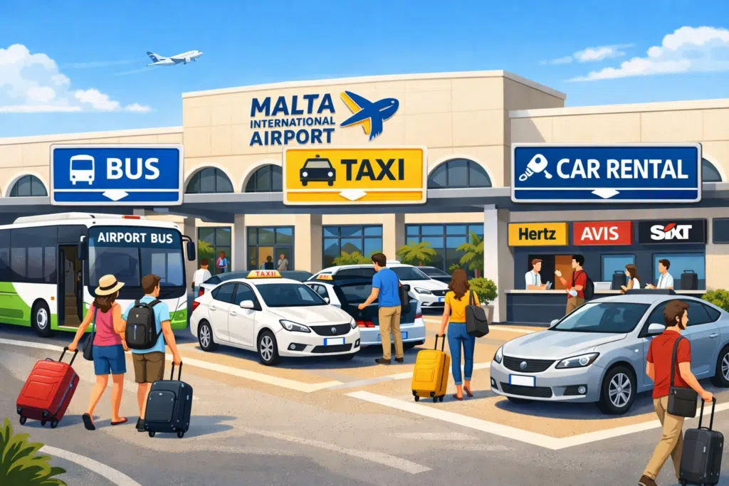 Transport options from Malta International Airport including airport buses, taxis, and car rentals outside the terminal.