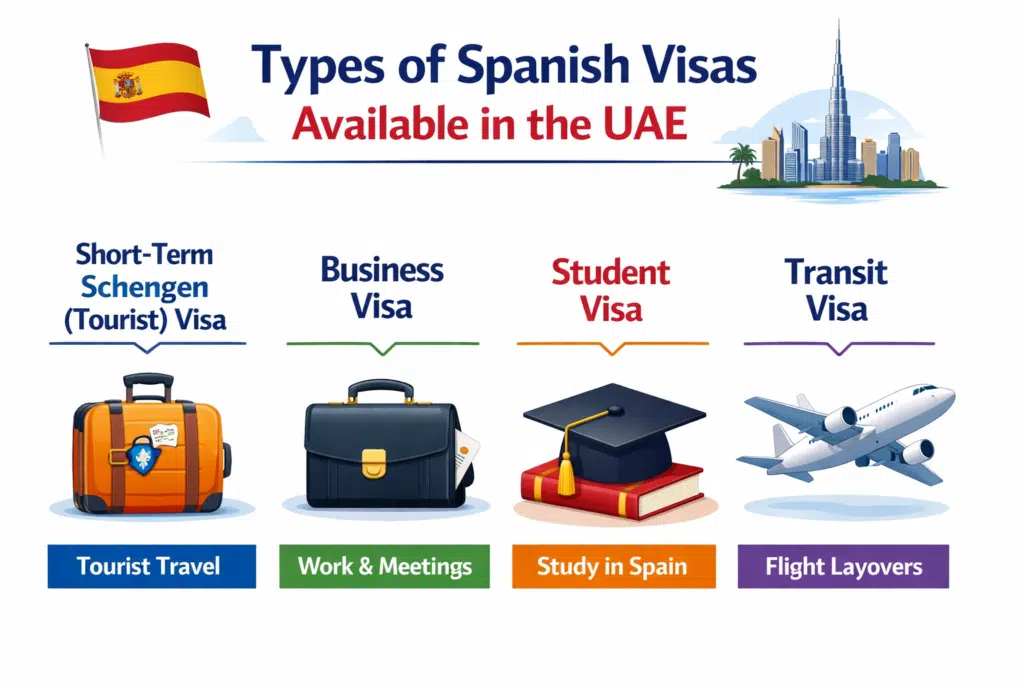 “Types of Spanish visas available in the UAE – Tourist, Business, Student, and Transit”