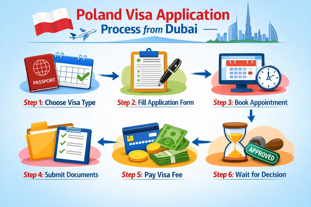 Poland Visa Application Process from Dubai image showing step-by-step guide with icons for documents, appointment, payment, and approval